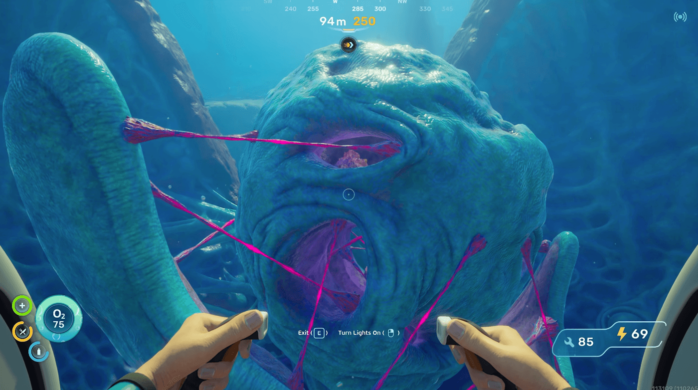 The juvenile Great Maw giant eye clam in Subnautica 2 near the chasm south-southwest of the Lifepod