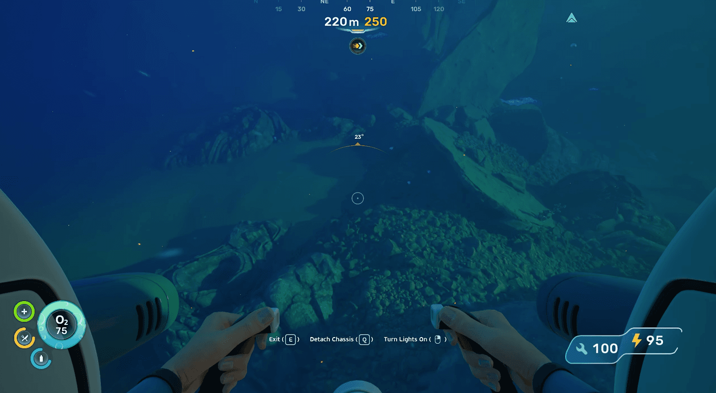 Tadpole approaching the lower rock ledge route near the Collector Leviathan patrol zone in Subnautica 2