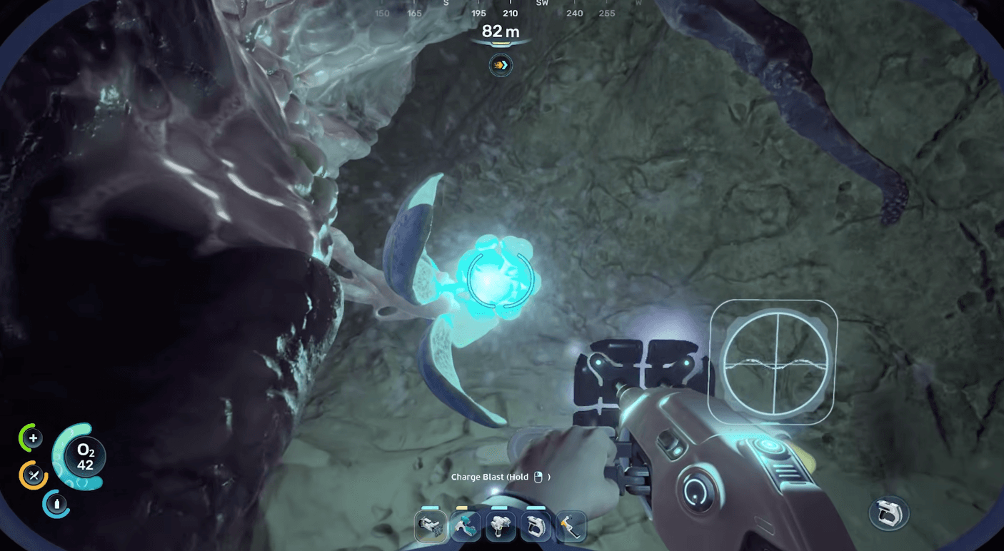 A Subnautica 2 infected Angel Comb surrounded by blue infection flowers in a deep basin