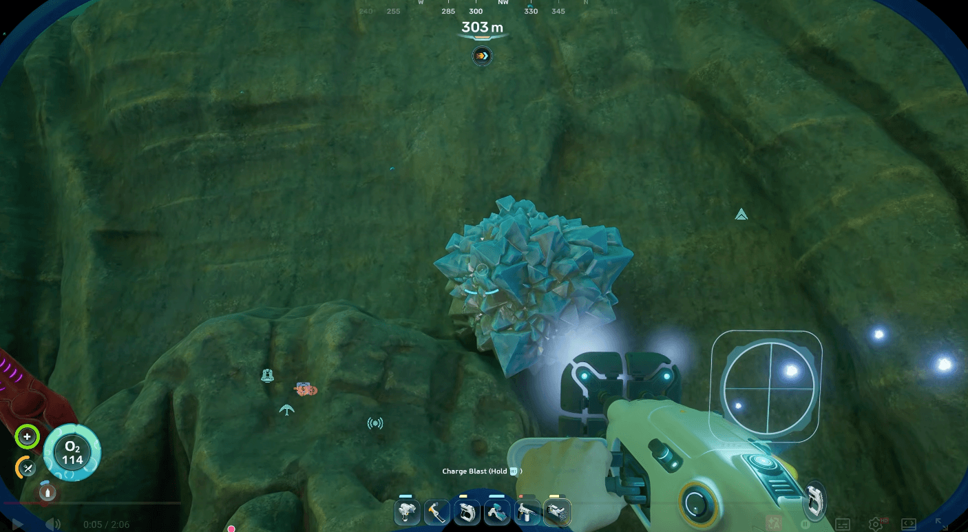 Celestine resource nodes along a rock wall in Subnautica 2