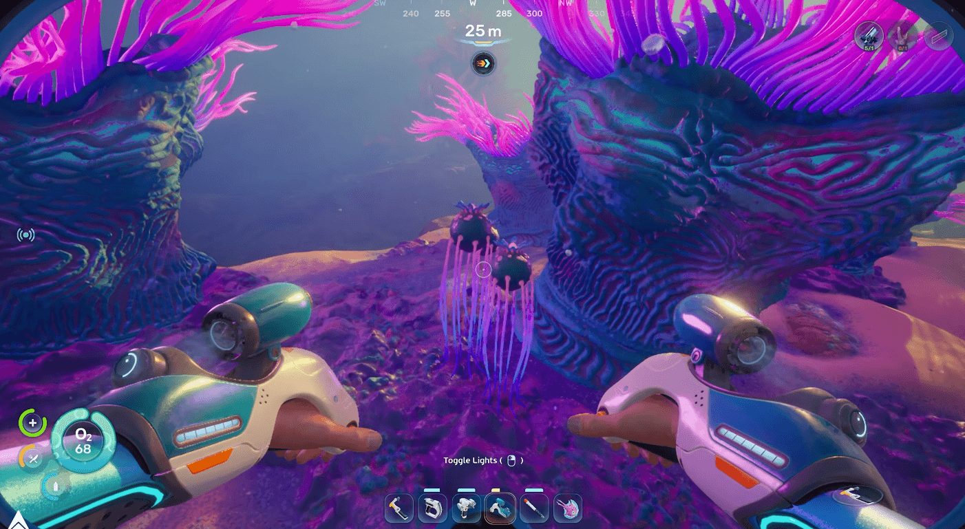 Player approaching the purple glowing plants near Welcome Home Base to harvest Necrolyte Cysts in Subnautica 2