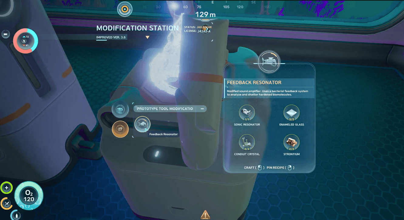 Player approaching an alien wreck near a tower to find a Feedback Resonator fragment in Subnautica 2