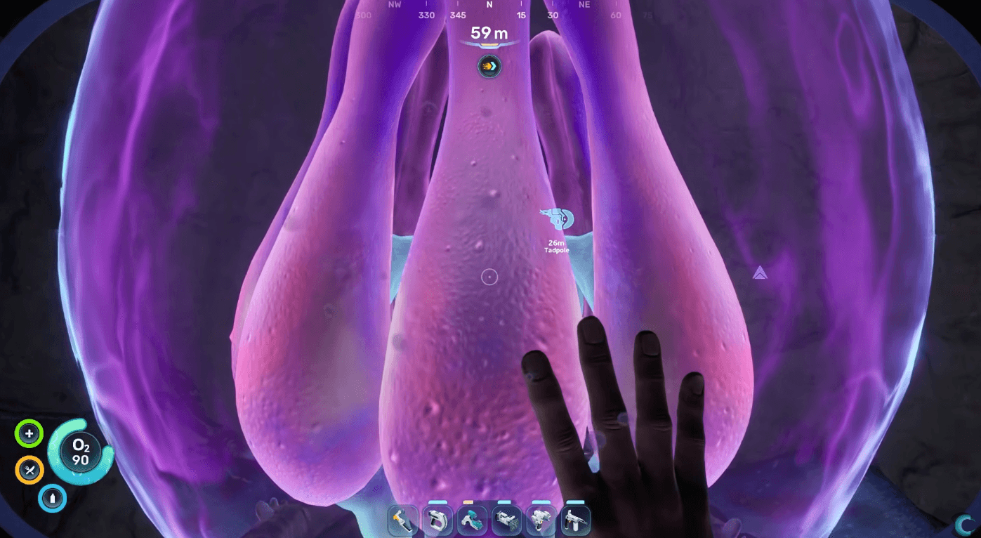 Player approaching the hot-water adaptation route in Subnautica 2 near the Angel Comb and Viral Bloom area
