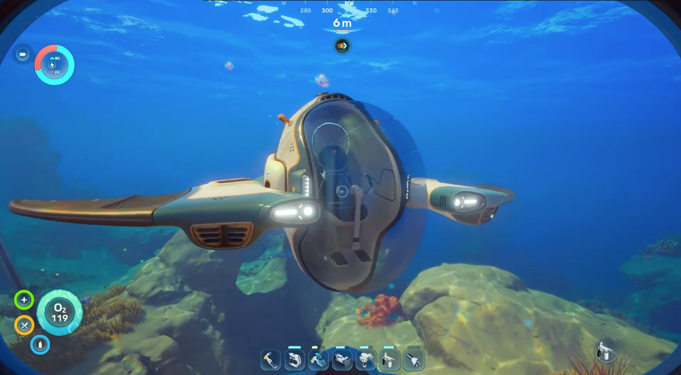 Tadpole submarine crafting setup beside a Moon Pool in Subnautica 2